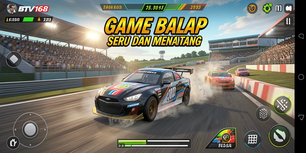 Tangkapan layar utama BTV168 menunjukkan aksi balap yang mendebarkan.