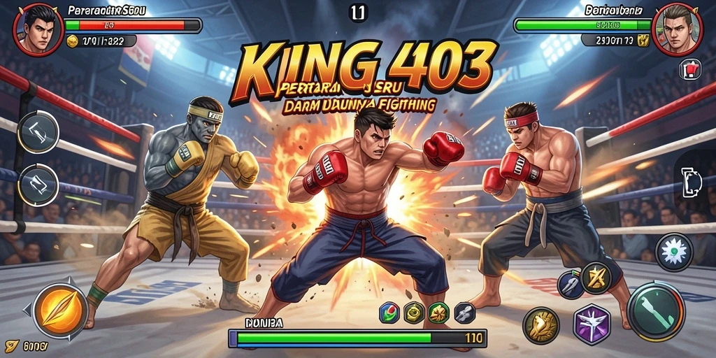 Screenshot dari gameplay KING403, menampilkan pertarungan intens dan karakter yang kuat.