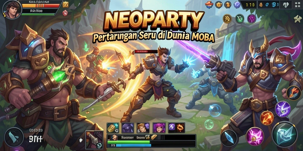 Screenshot gameplay NEOPARTY menampilkan pertarungan seru antar karakter.
