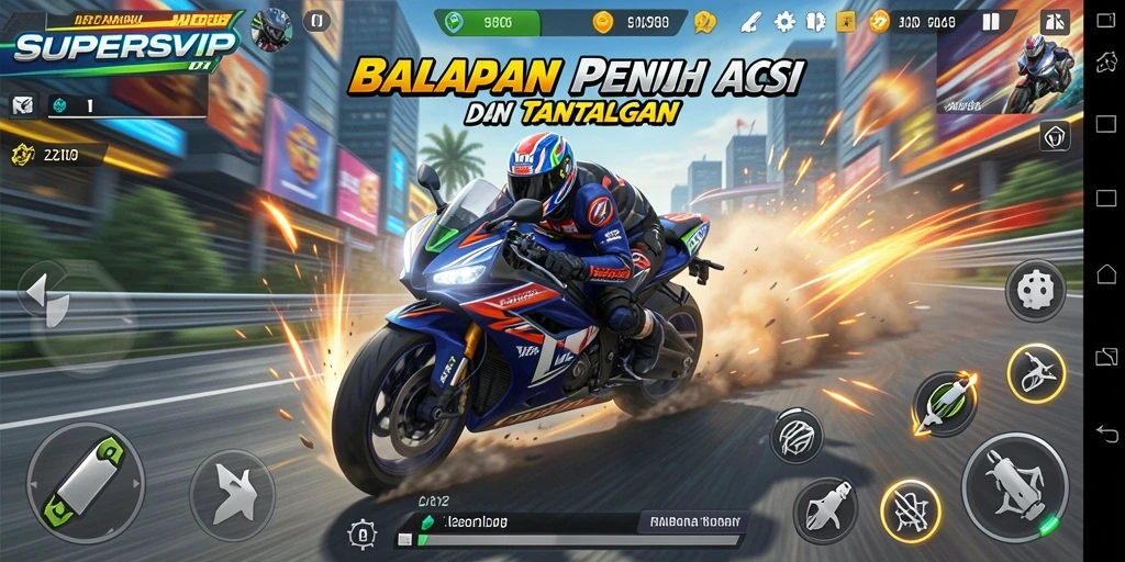 Screenshot SUPERSVIP menampilkan aksi balapan motor yang seru dan mendebarkan.