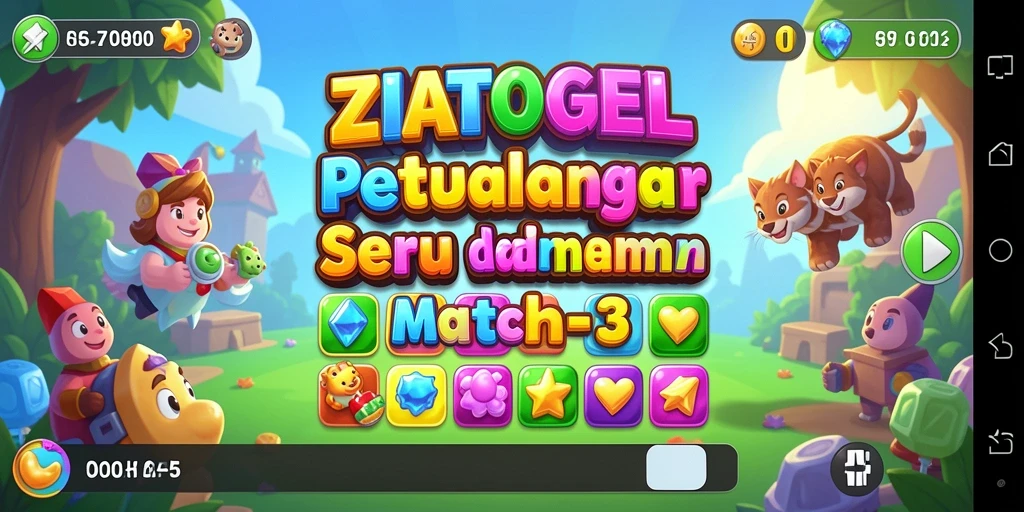 Tampilan gameplay ZIATOGEL yang seru dengan elemen Match-3 yang berwarna-warni.